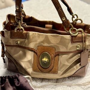 Coach Brown and Tan Signature Shoulder Bag